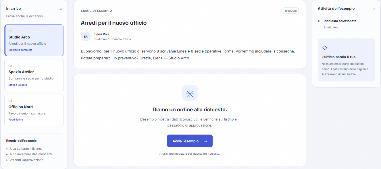 La demo dell’assistente preventivi con tre richieste di esempio, un’email e il registro delle attività.